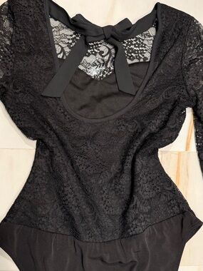 Black Lace Long Sleeve Bodysuit with Open Tie-Back